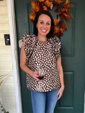 Floral Print Jacquard Top - Chocolate