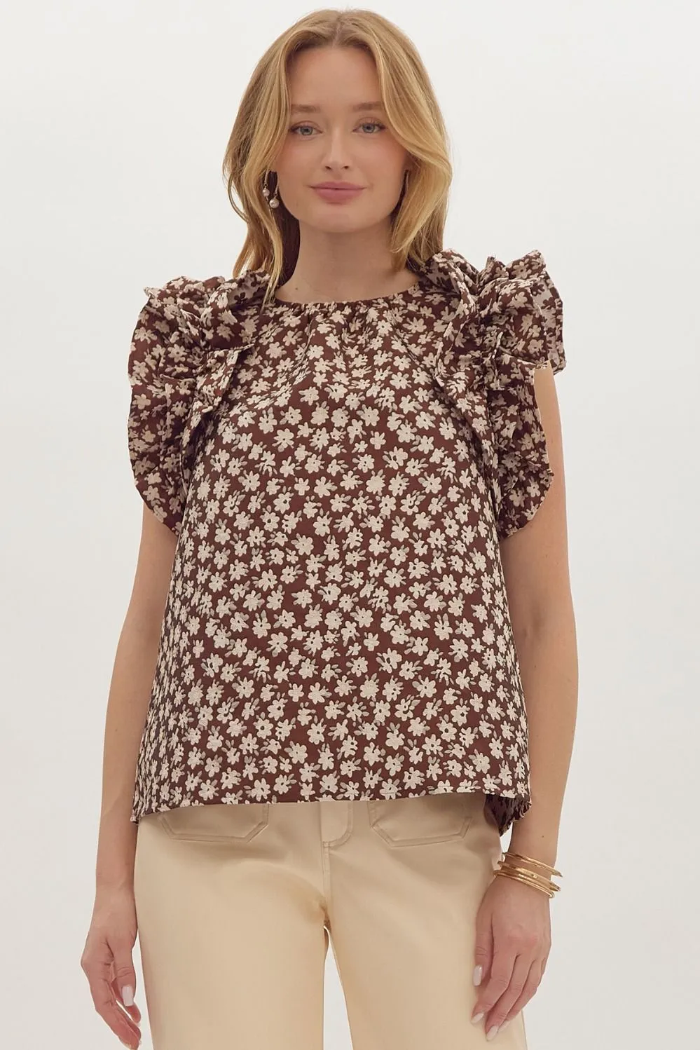 Floral Print Jacquard Top - Chocolate