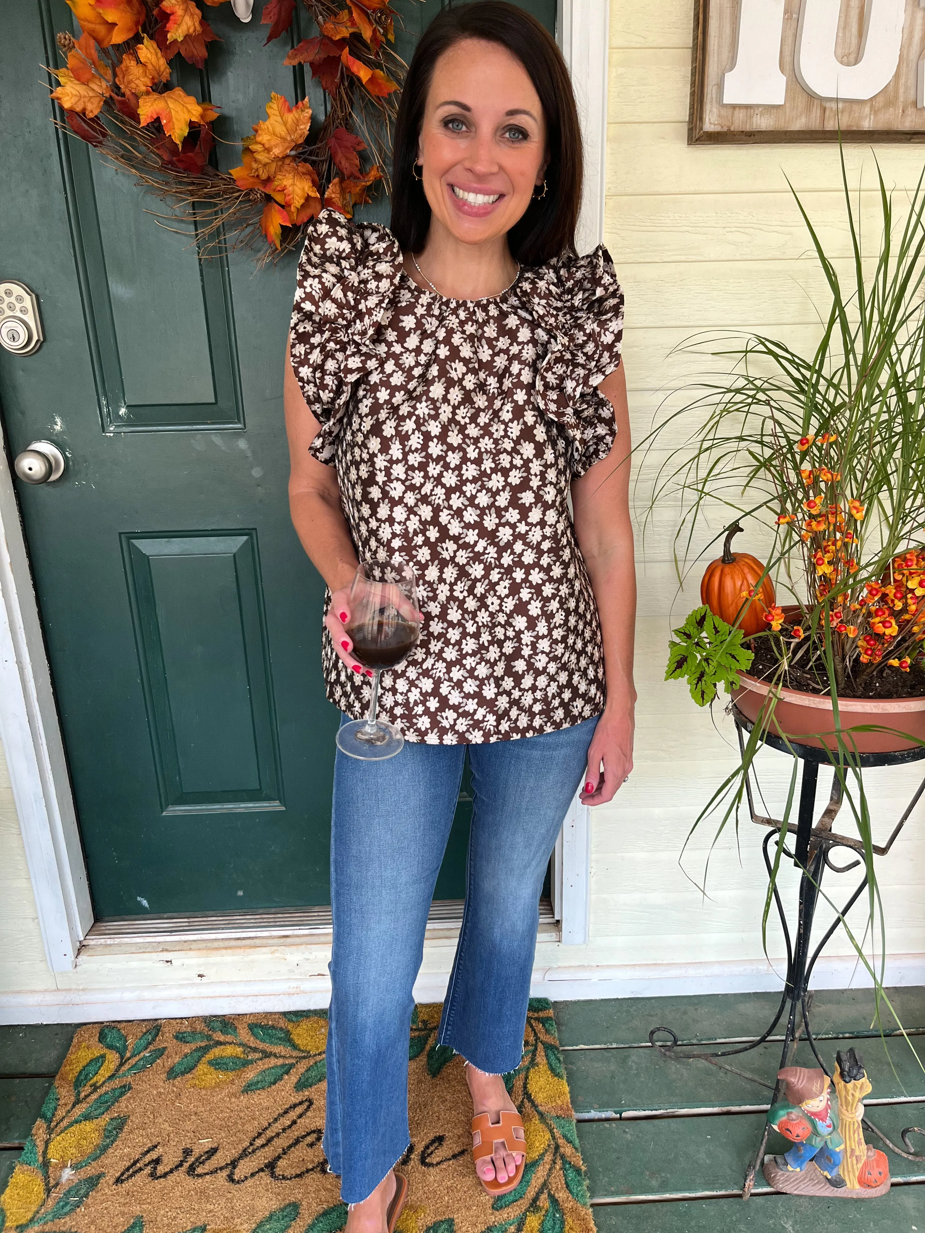 Floral Print Jacquard Top - Chocolate