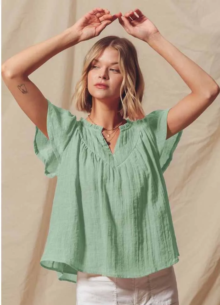 Flutter Sleeve Boho Blouse in Sage by So Me
