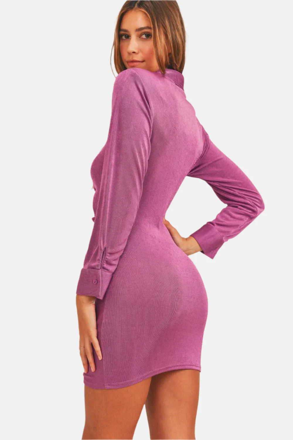 Front Ruched Button-Down Skinny Mini Shirt Dress Purple
