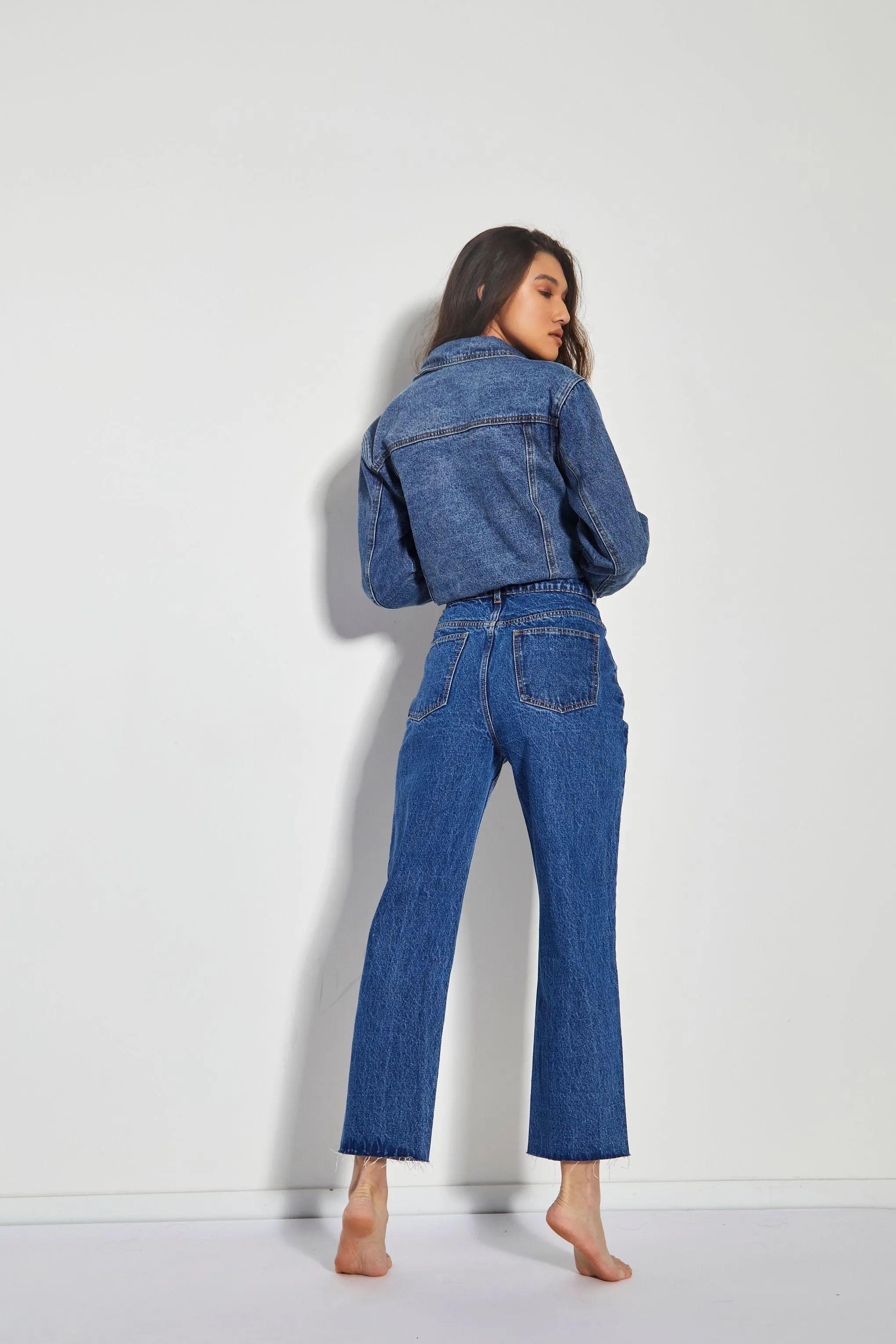 Glamorous Mid Blue Vintage Cut Off Straight Leg Jeans