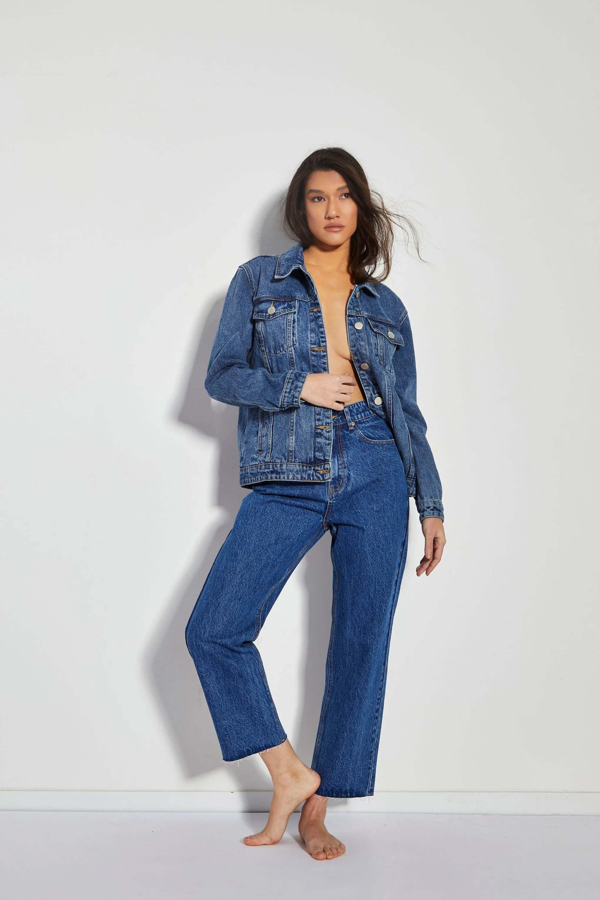 Glamorous Mid Blue Vintage Cut Off Straight Leg Jeans