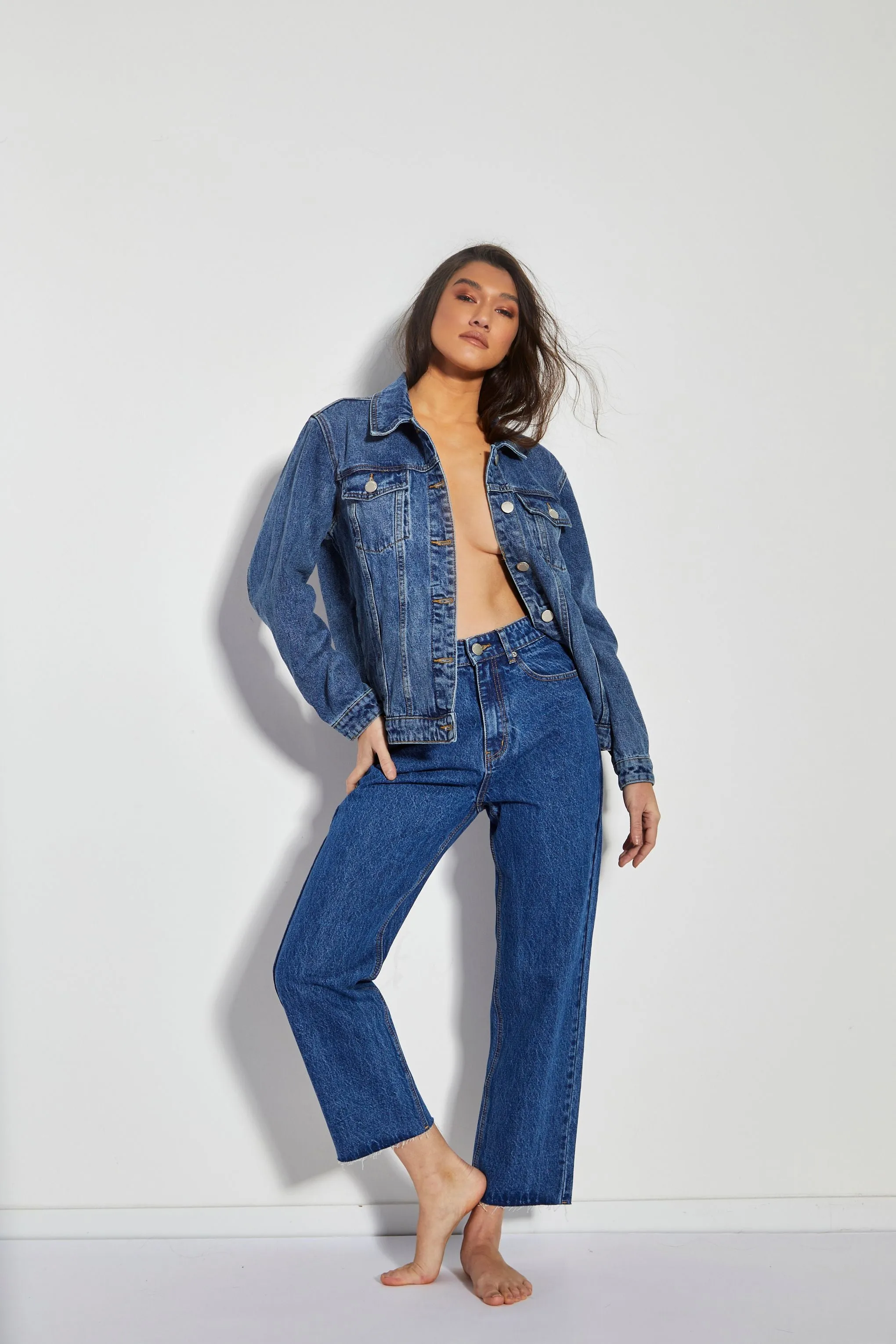 Glamorous Mid Blue Vintage Cut Off Straight Leg Jeans