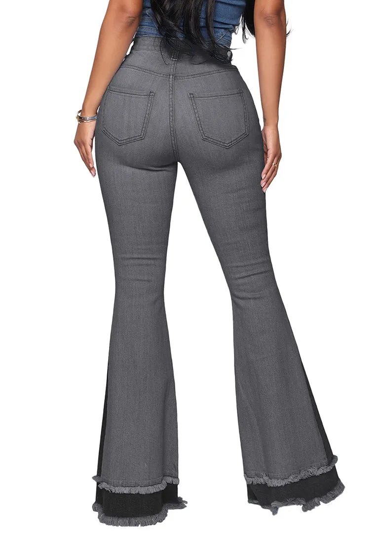 Grey Stretchy Frayed Hem Flared Denim Jeans