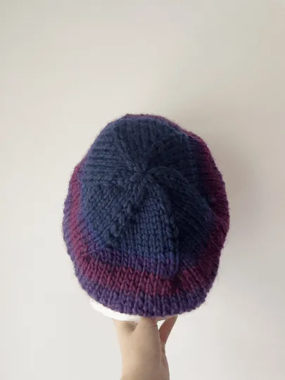 Hand knit Wool blend Beret in Purple or Grey mix | thick slouch Hat | knit autumn or winter beret