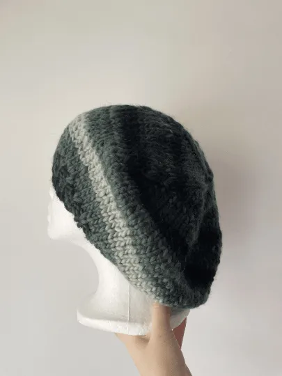 Hand knit Wool blend Beret in Purple or Grey mix | thick slouch Hat | knit autumn or winter beret