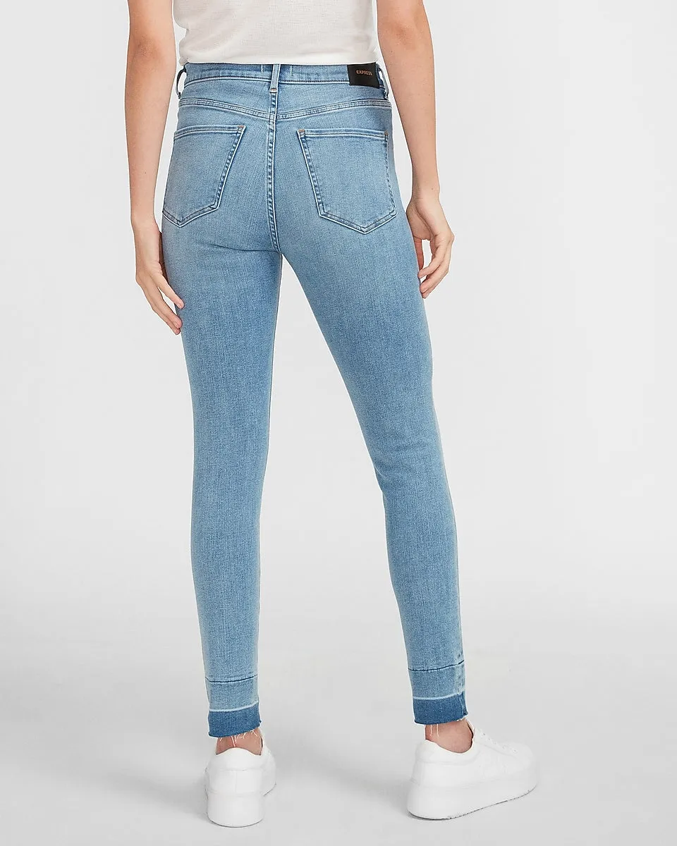 High Waisted 4-Way Hyper Stretch Raw Skinny Jeans in Light Wash