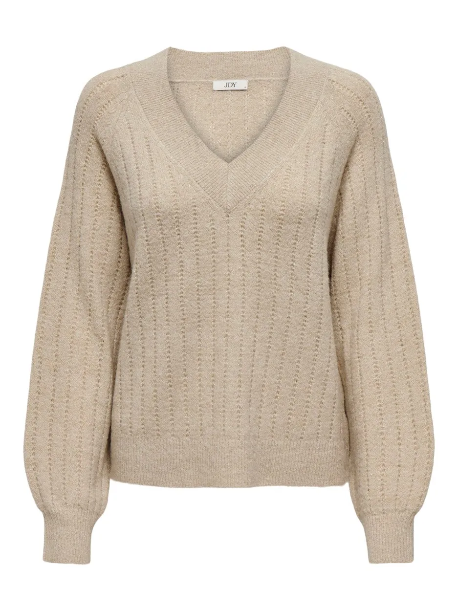 Jdyaspen Life L/s Lurex V-neck Pull - Beige
