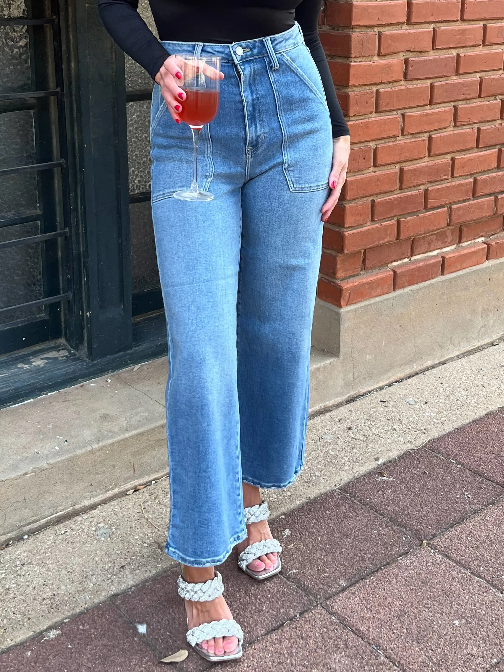 Just Black High Rise Cargo Pocket Wide Leg- Medium Denim