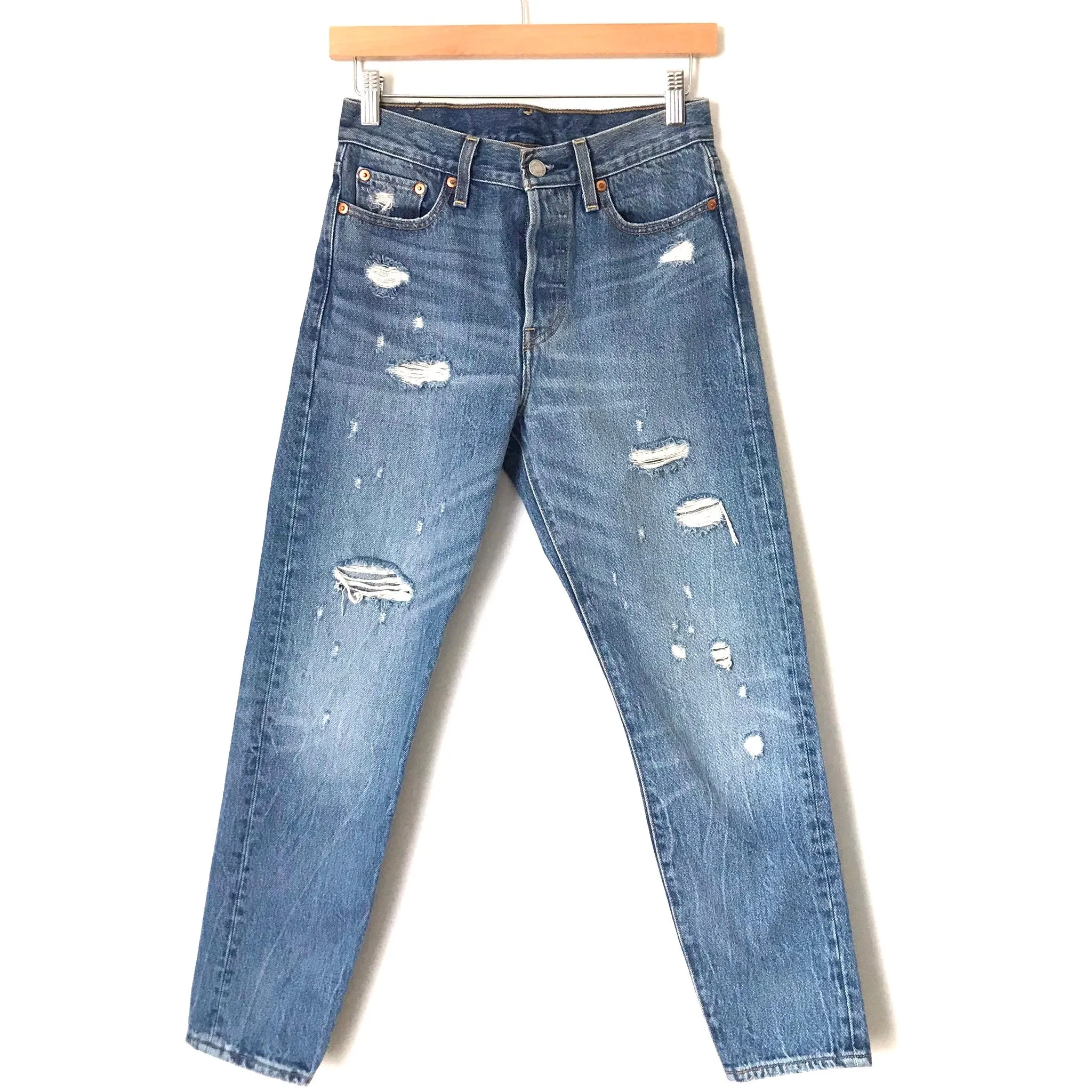 Levi Hidden Button Up Distressed Jeans- Size 26 (Inseam 26.5")