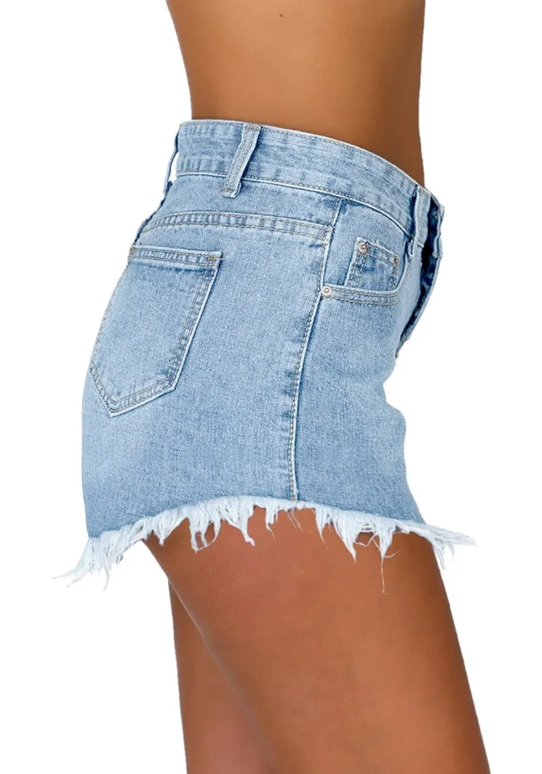 Light Blue Mid-Waist Frayed Raw Hem Denim Shorts