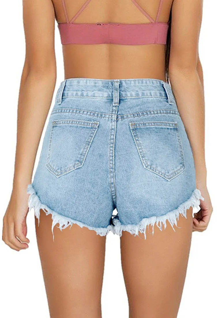 Light Blue Mid-Waist Frayed Raw Hem Denim Shorts