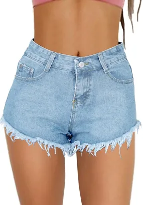 Light Blue Mid-Waist Frayed Raw Hem Denim Shorts