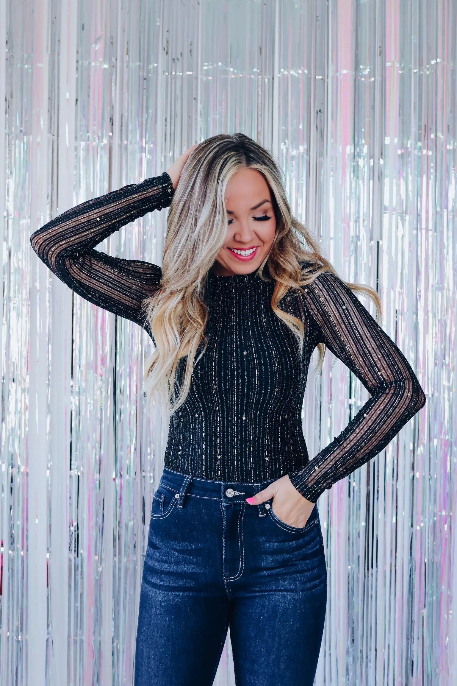 Lone Star Mesh Mock Neck Top - Black