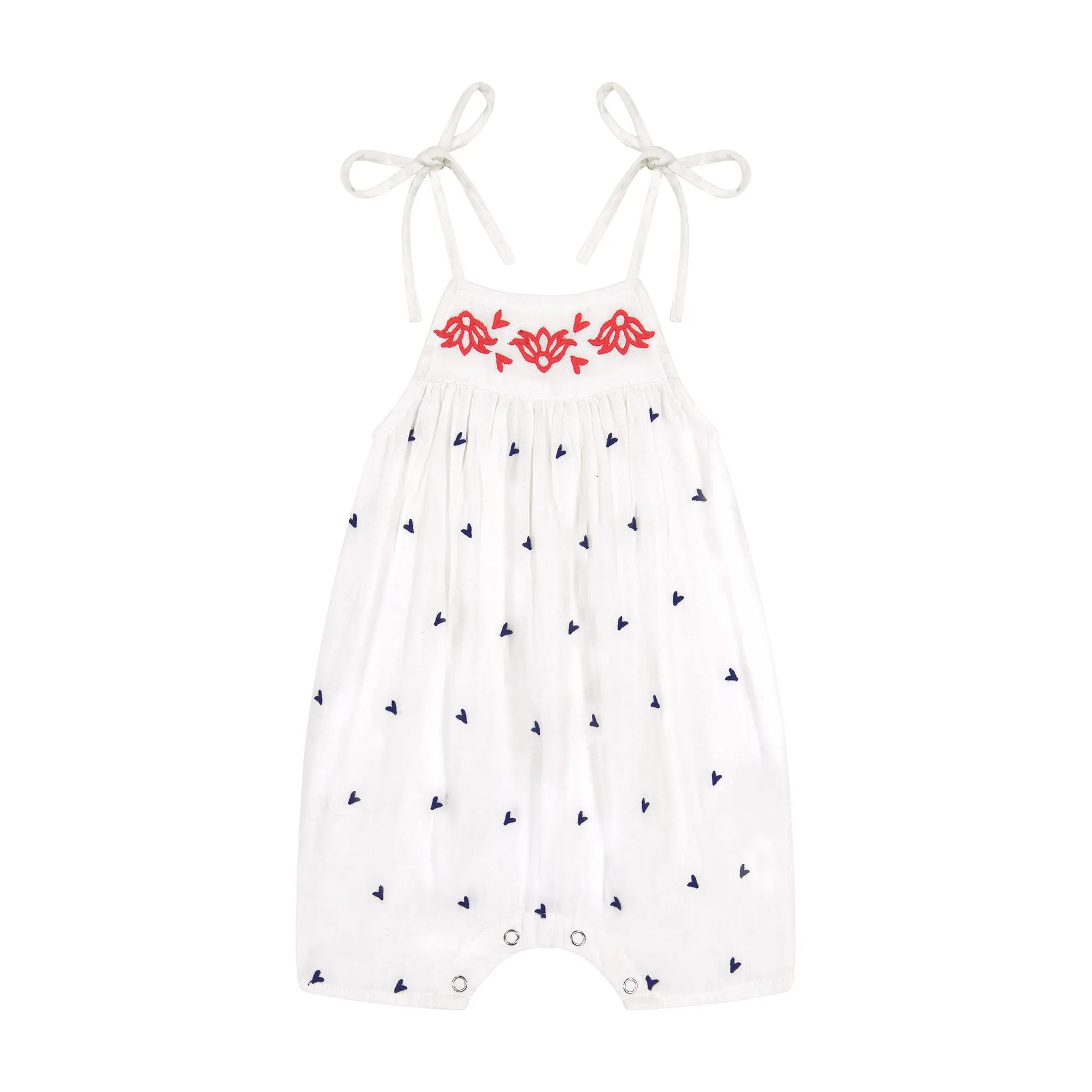 Marley Shoulder Tie Baby Romper in Red and White With Navy Embroidery