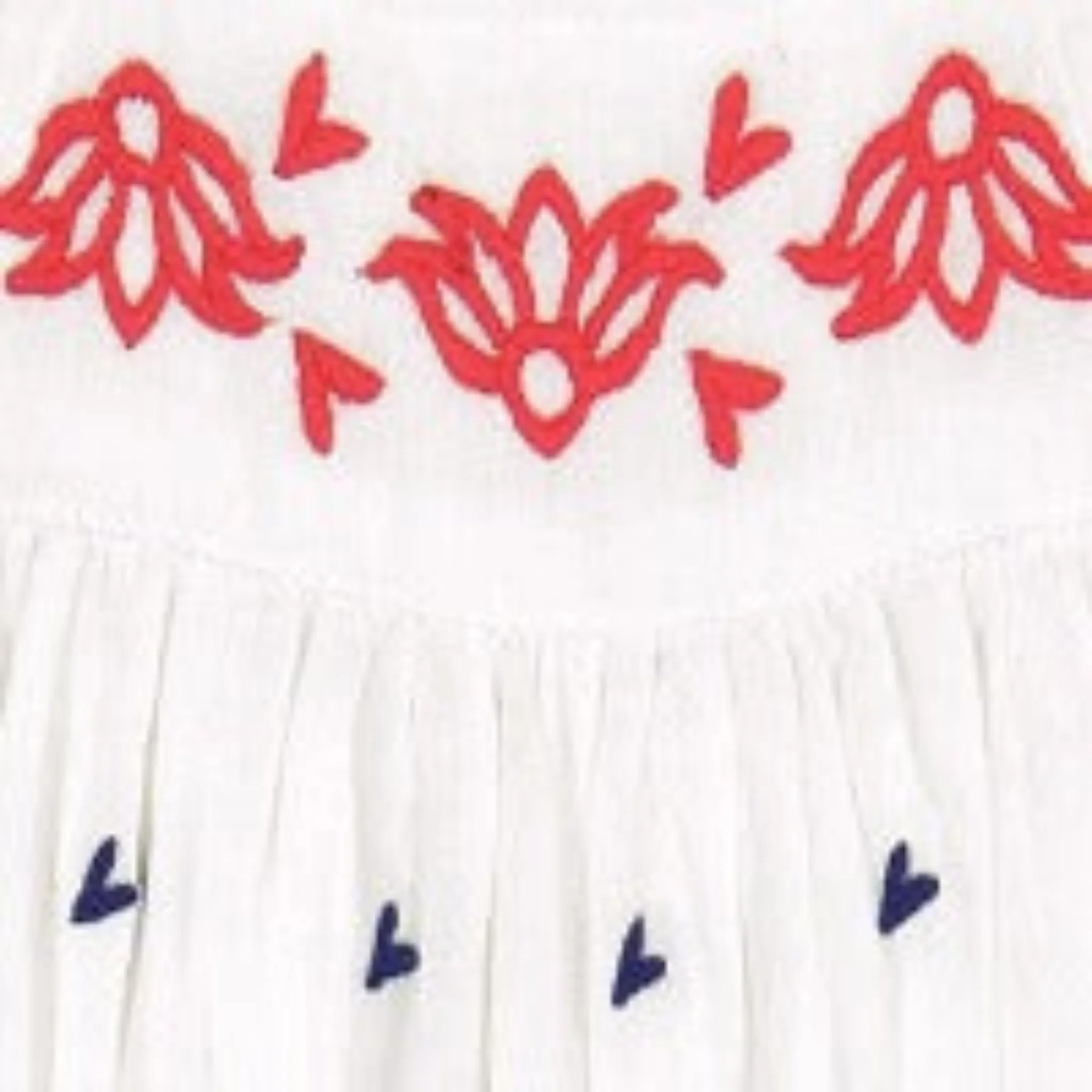 Marley Shoulder Tie Baby Romper in Red and White With Navy Embroidery