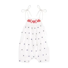 Marley Shoulder Tie Baby Romper in Red and White With Navy Embroidery