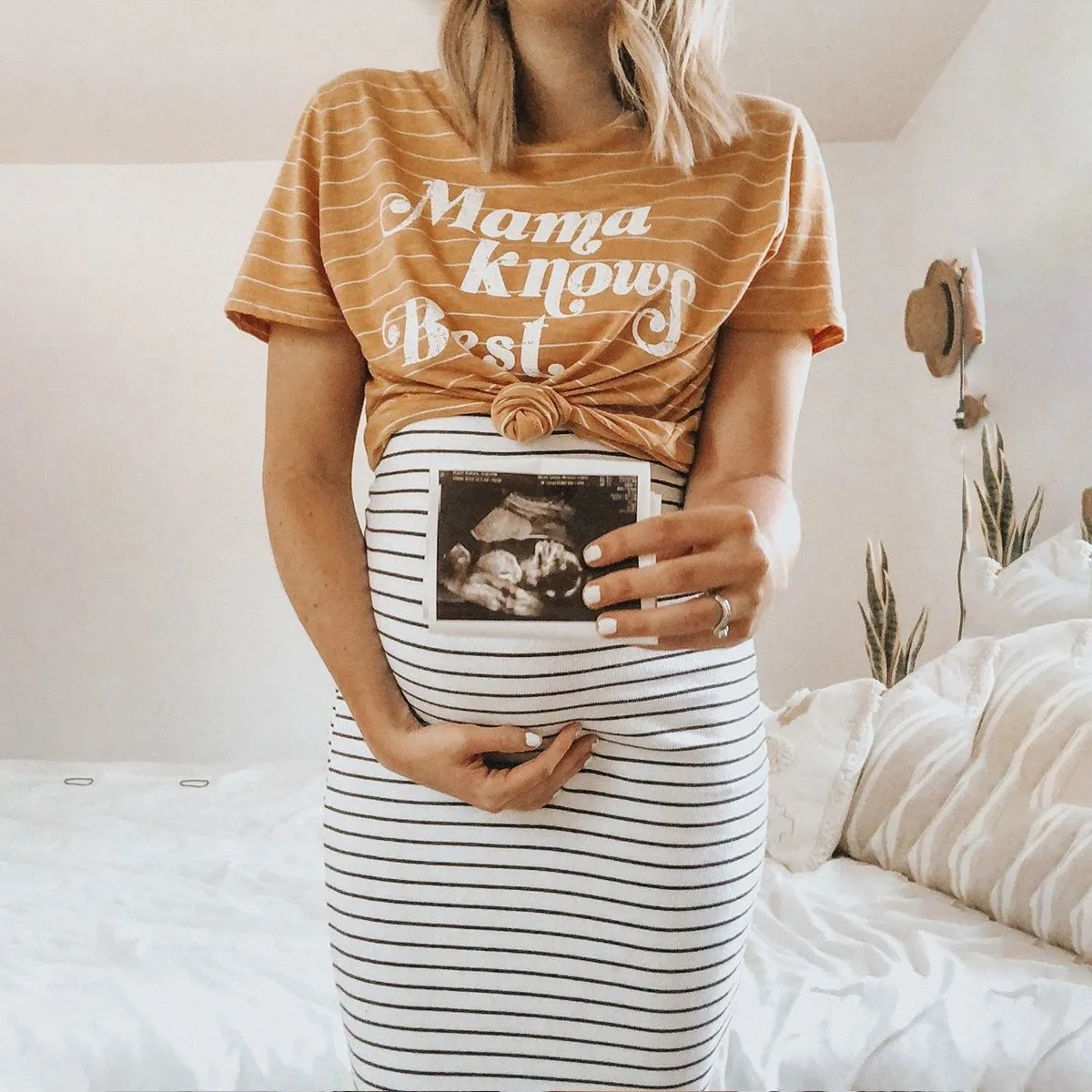 Maternity Round Neck Striped Print Dress