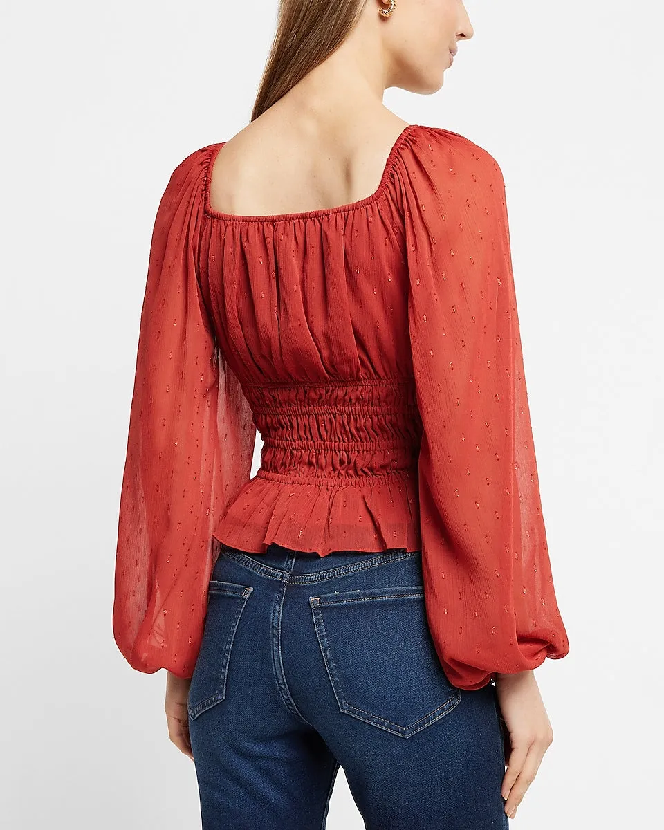Metallic Dot V-Neck Smocked Top in Chili Pepper