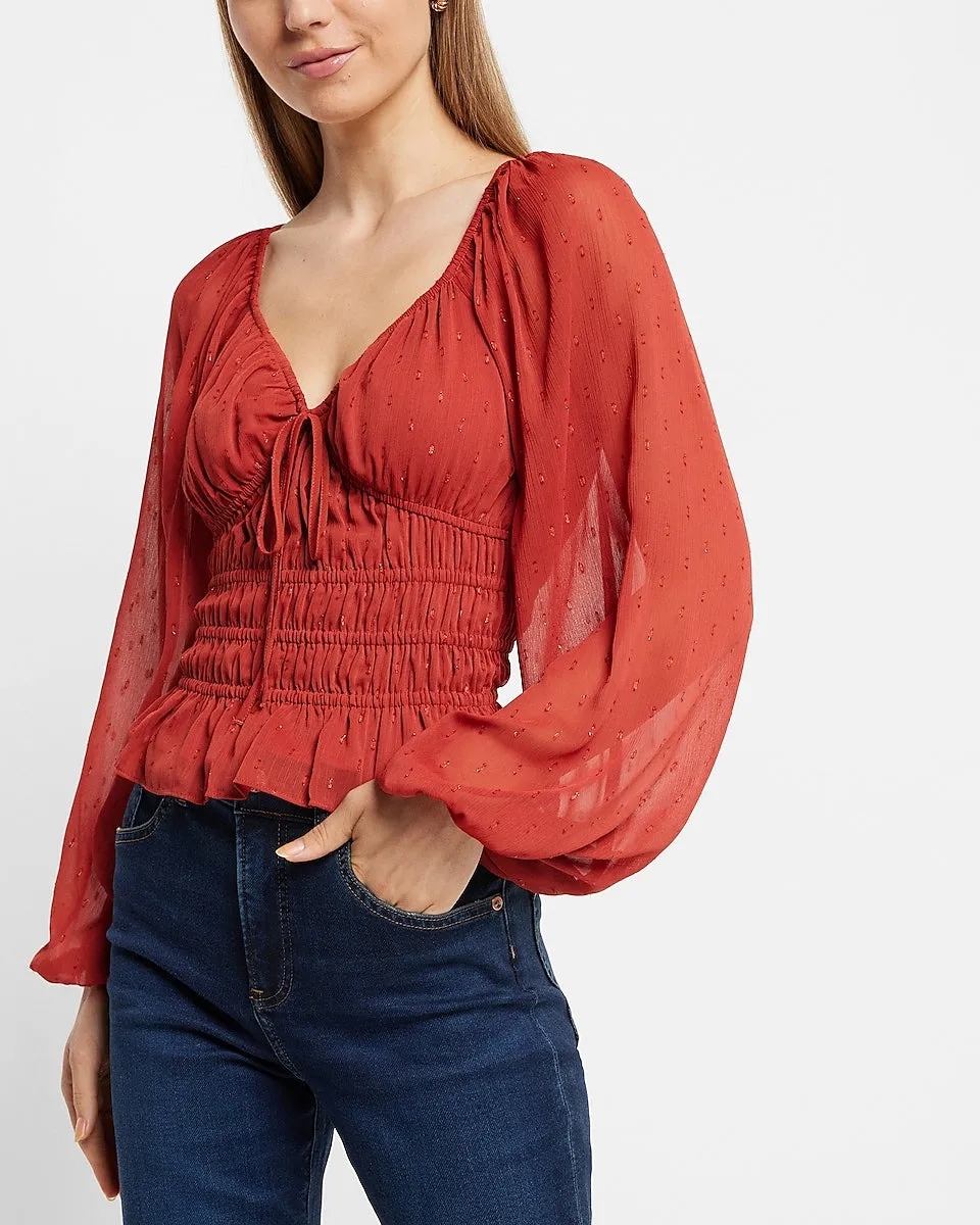 Metallic Dot V-Neck Smocked Top in Chili Pepper