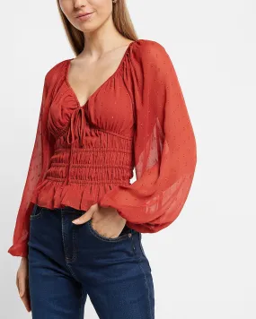 Metallic Dot V-Neck Smocked Top in Chili Pepper
