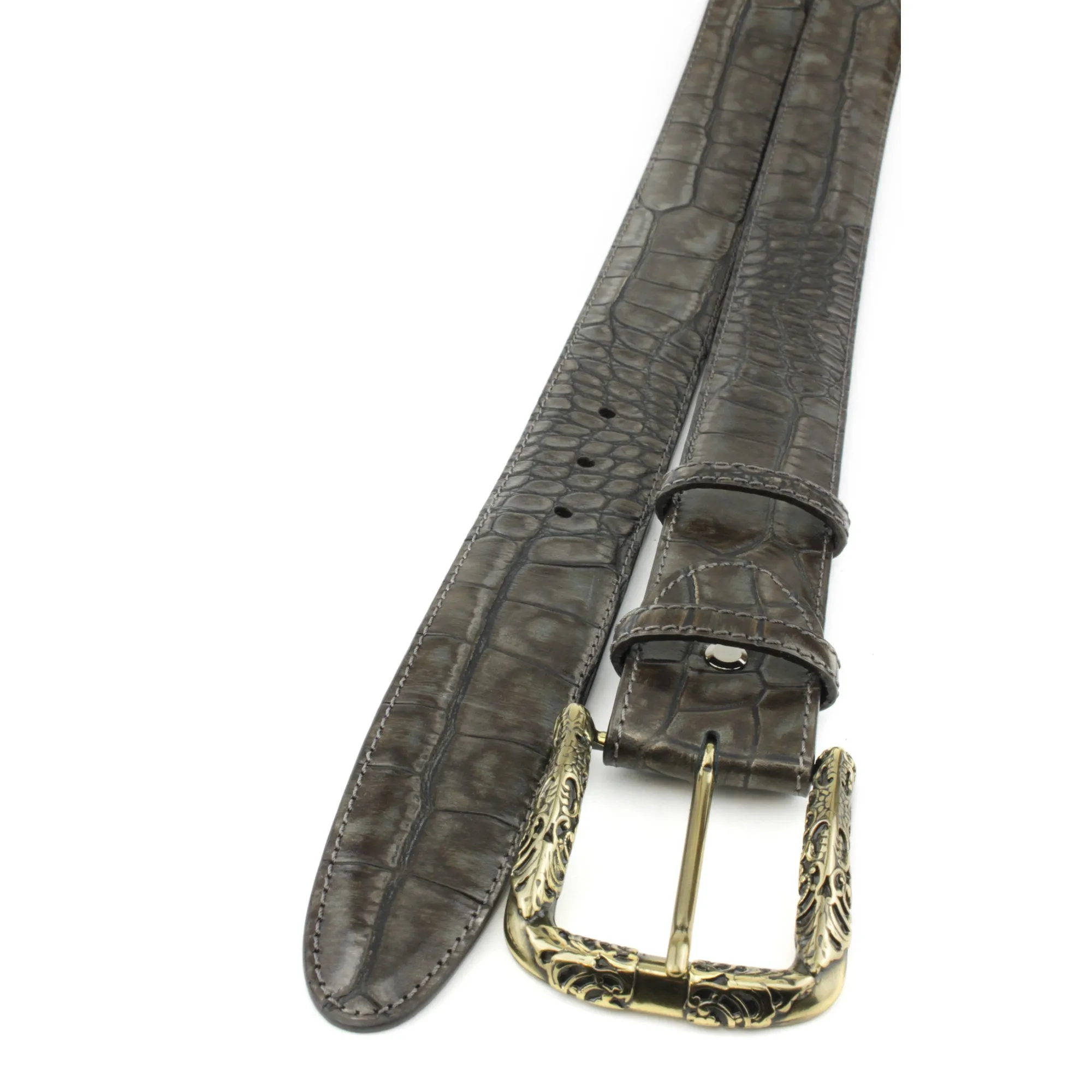 Metallic Hued Anthracite Tone Mock Croc Filigree Belt