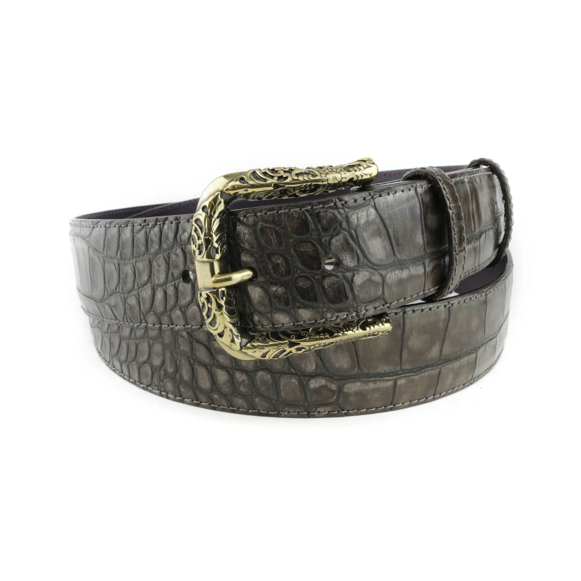 Metallic Hued Anthracite Tone Mock Croc Filigree Belt