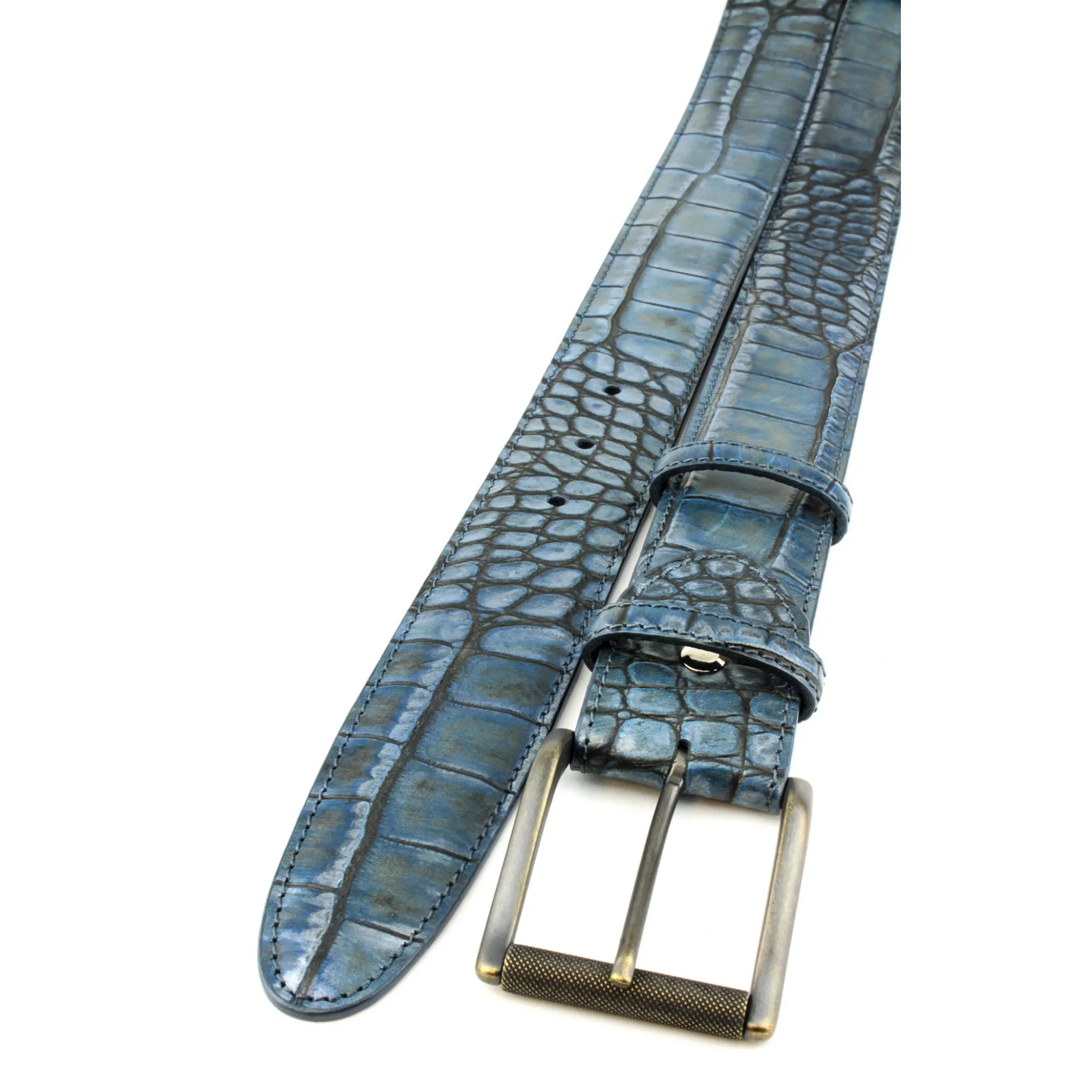 Metallic Hued Denim Tone Mock Croc Antique Buckle Belt