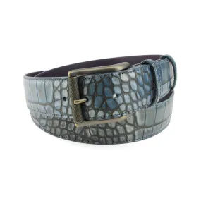 Metallic Hued Denim Tone Mock Croc Antique Buckle Belt