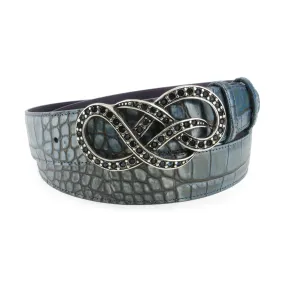 Metallic Hued Denim Tone Mock Croc Crystal Bow Belt