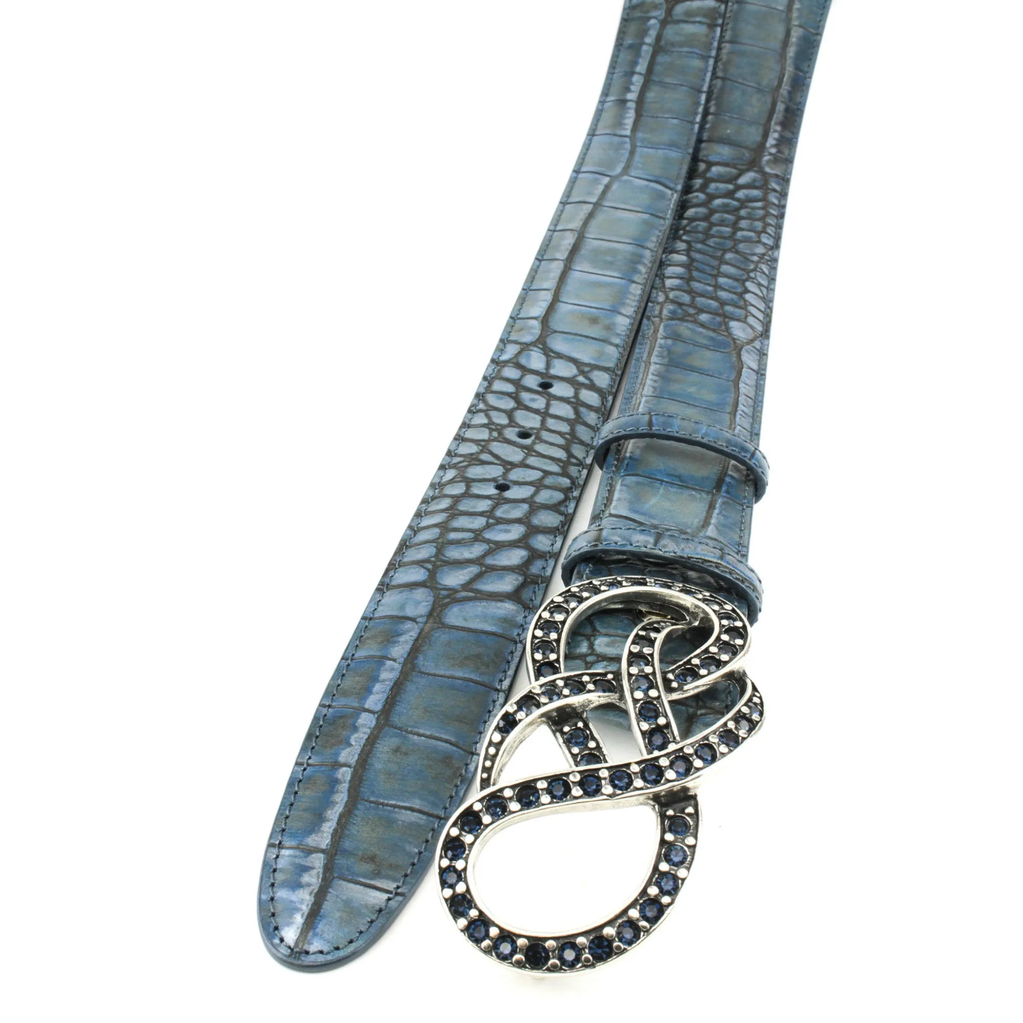 Metallic Hued Denim Tone Mock Croc Crystal Bow Belt