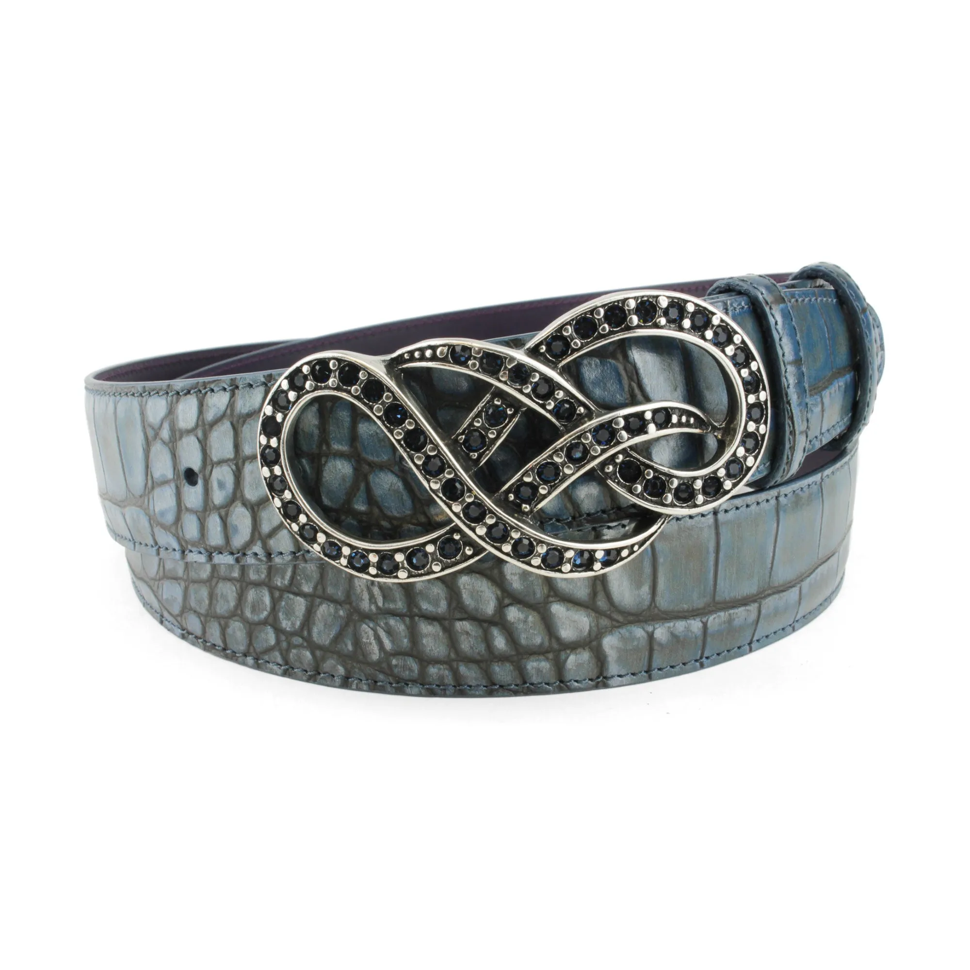 Metallic Hued Denim Tone Mock Croc Crystal Bow Belt