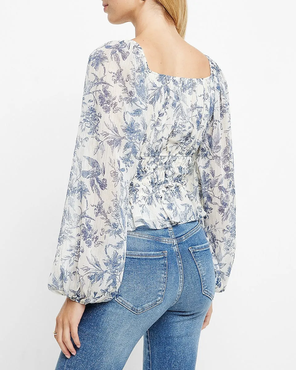 Metallic Stripe Floral V-Neck Smocked Top in Blue Print