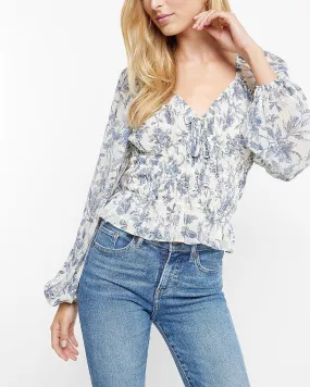 Metallic Stripe Floral V-Neck Smocked Top in Blue Print