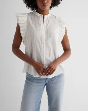 Metallic Striped Flutter Sleeve Button Up Gramercy Tee in White Stripe