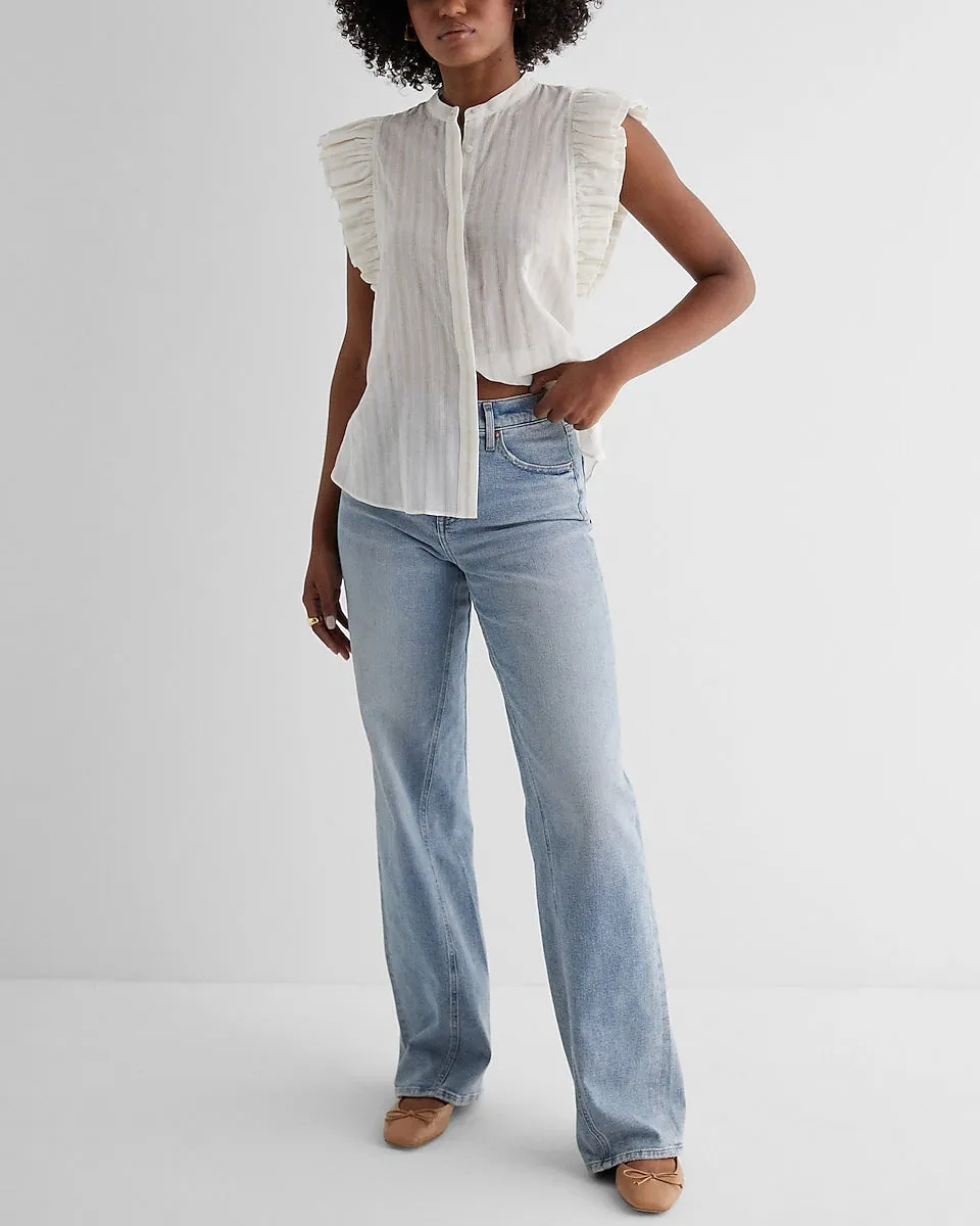 Metallic Striped Flutter Sleeve Button Up Gramercy Tee in White Stripe