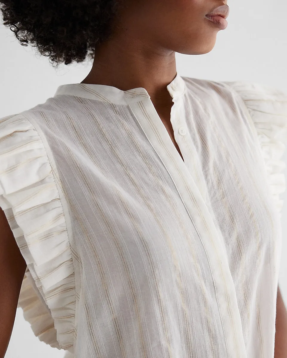 Metallic Striped Flutter Sleeve Button Up Gramercy Tee in White Stripe