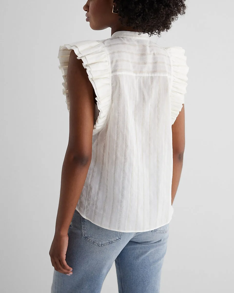 Metallic Striped Flutter Sleeve Button Up Gramercy Tee in White Stripe