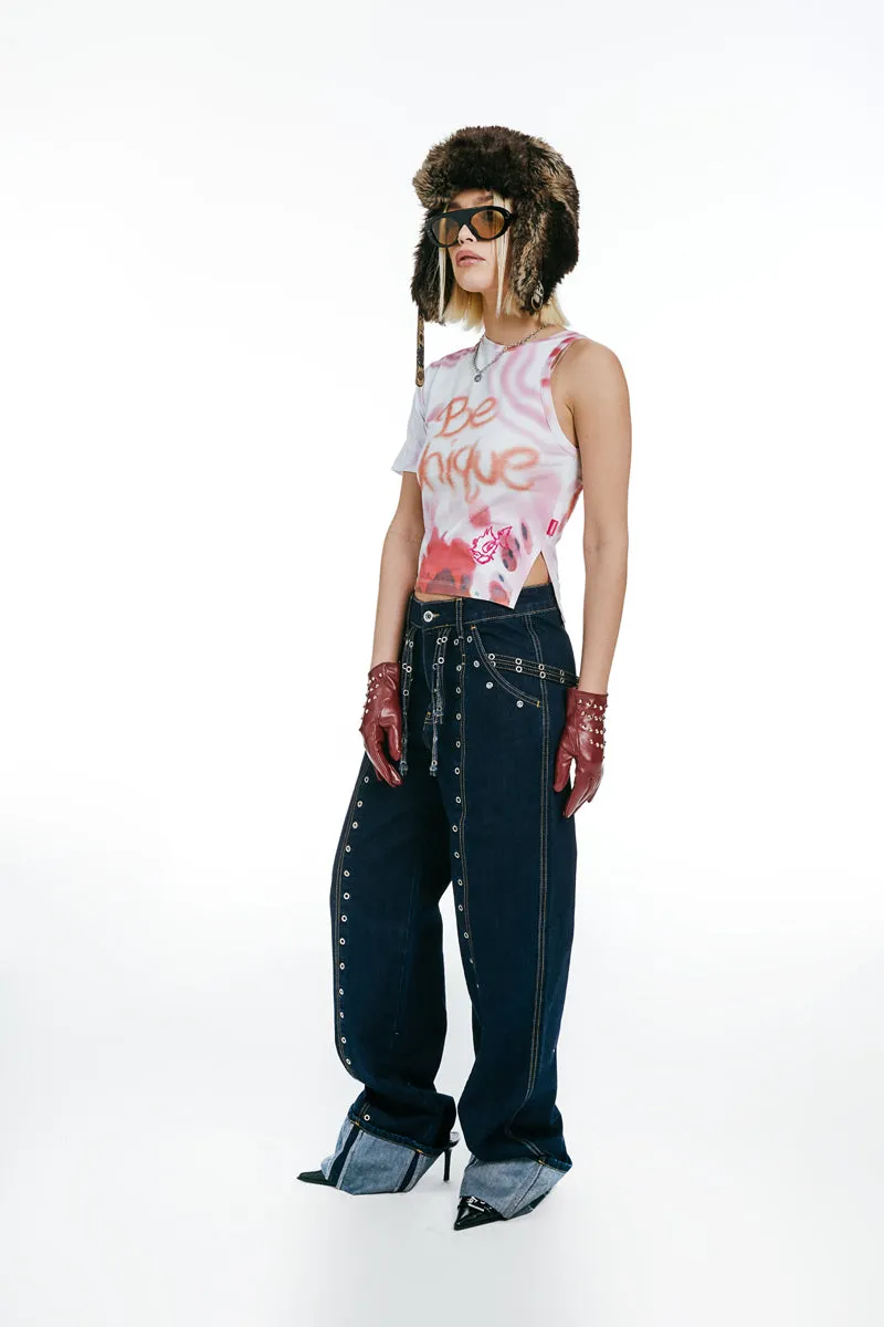 Mid-rise Cuffed Jeans Dark Blue