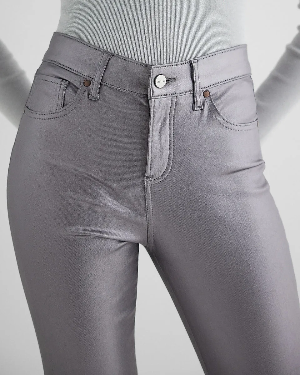 Mid Rise Gray Metallic Coated Skyscraper Jeans in Gray