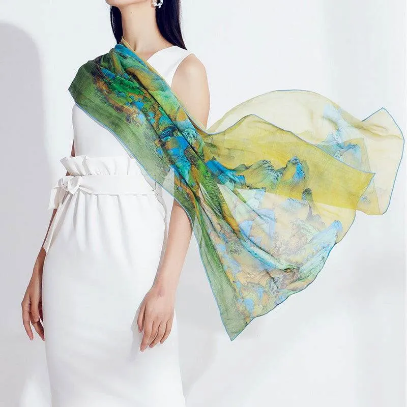 Mulberry Silk 12 Momme Chinese Painting Silk Scarf 190x60cm