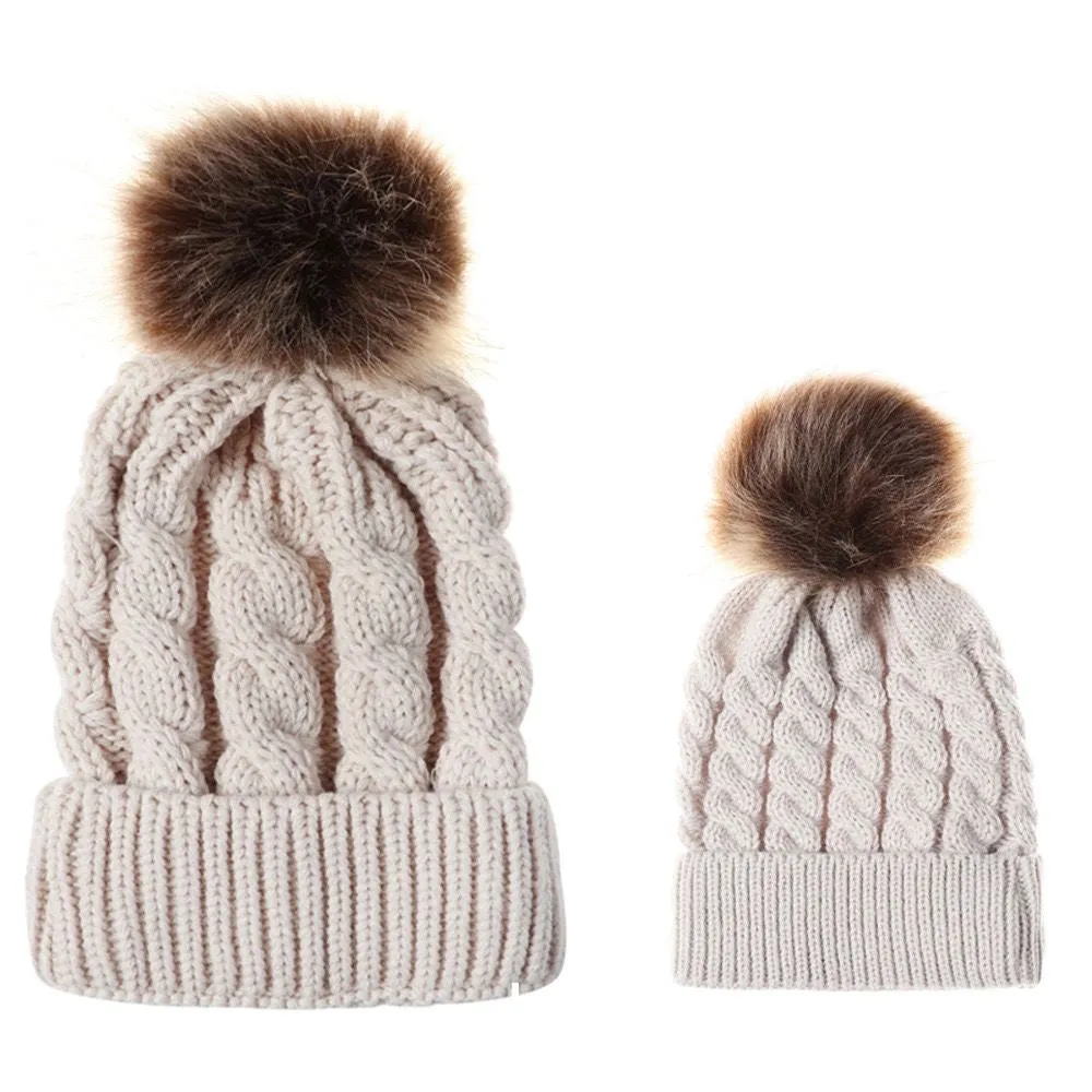 Mummy and Baby Matching Cable knit Hat with Pom Pom