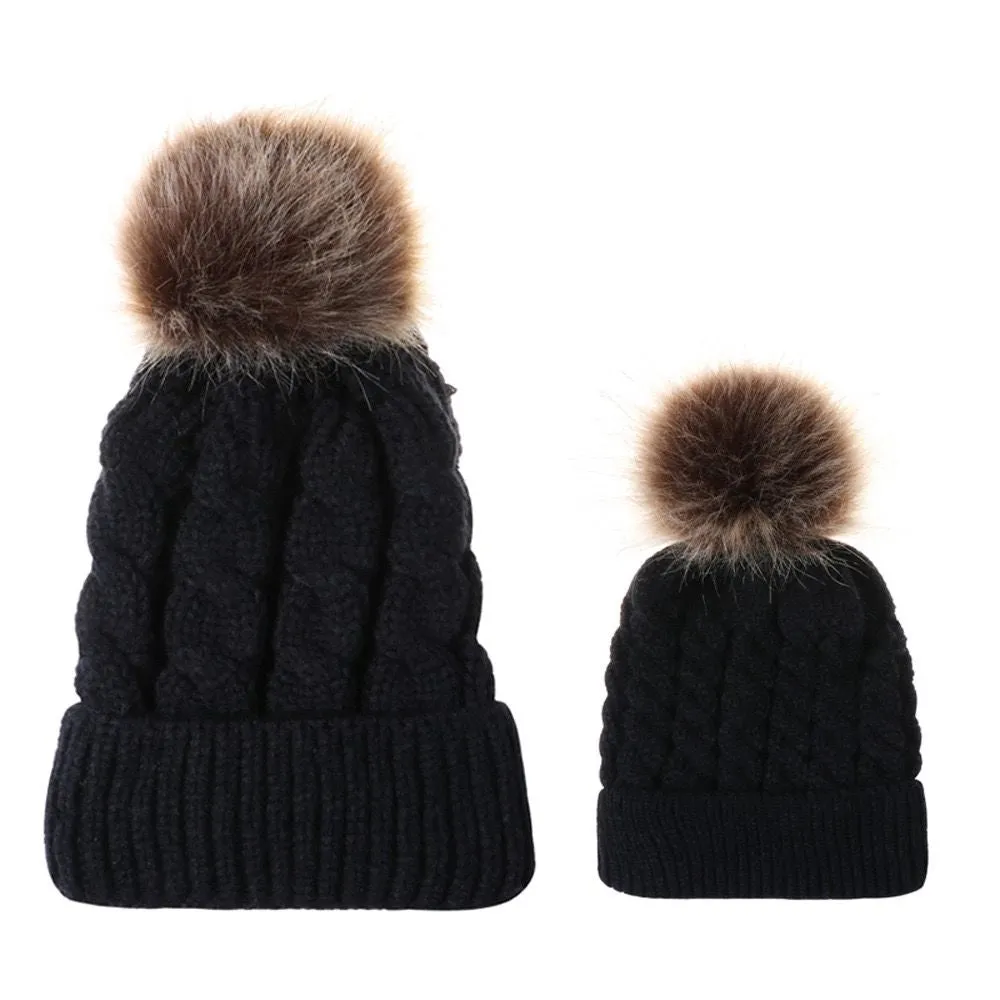 Mummy and Baby Matching Cable knit Hat with Pom Pom