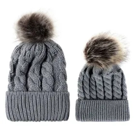 Mummy and Baby Matching Cable knit Hat with Pom Pom
