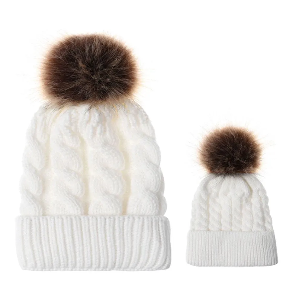 Mummy and Baby Matching Cable knit Hat with Pom Pom
