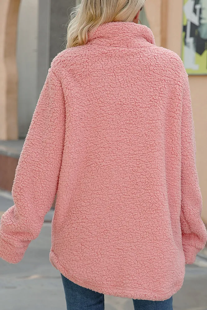 Pink Button Up Fluffy Fleece Winter Outfits Coat