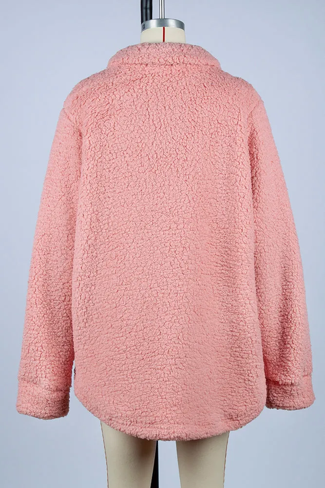 Pink Button Up Fluffy Fleece Winter Outfits Coat