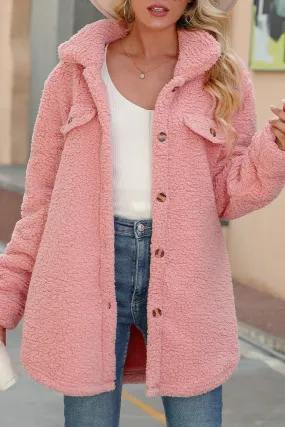 Pink Button Up Fluffy Fleece Winter Outfits Coat