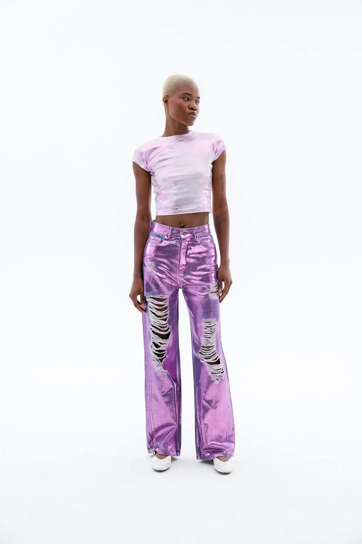 Pink Wide-Leg Metallic Jeans